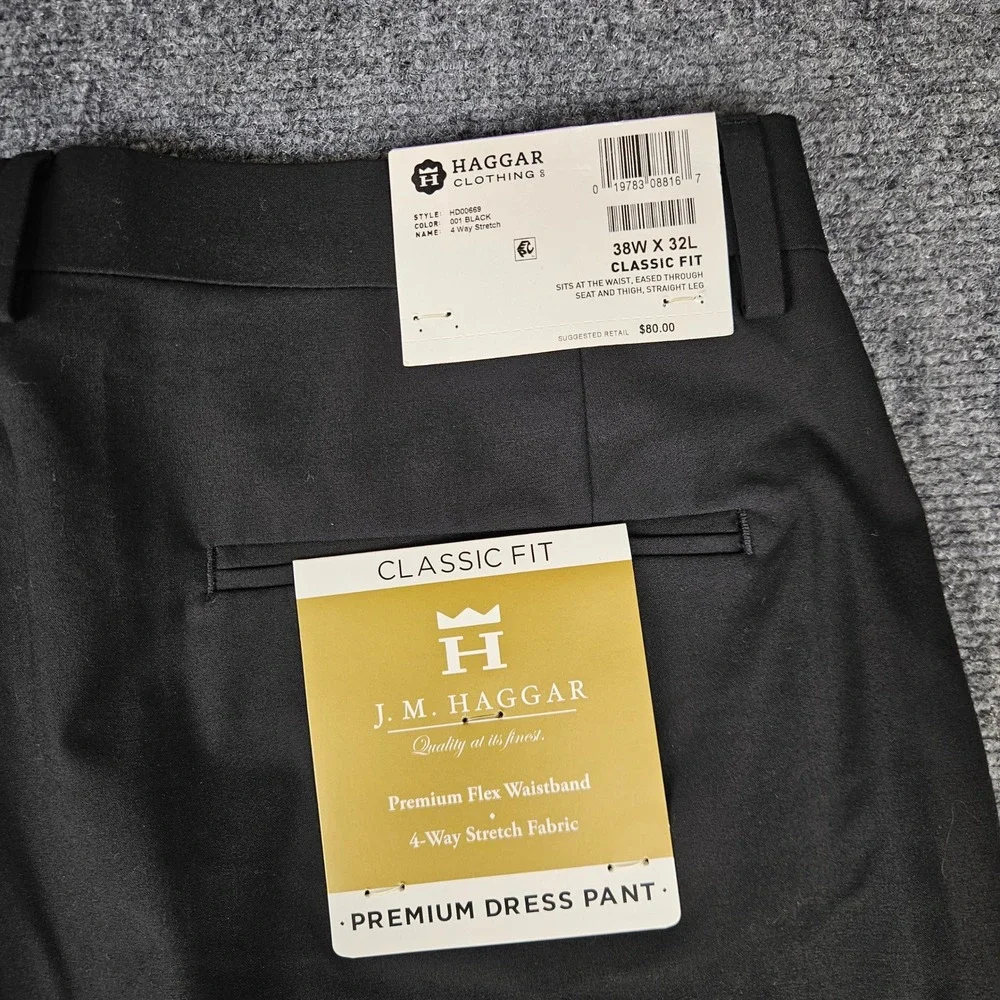 J.M. Haggar Mens Premium Dress Pants 38x32 Black Classic Fit 4-Way Stretch New